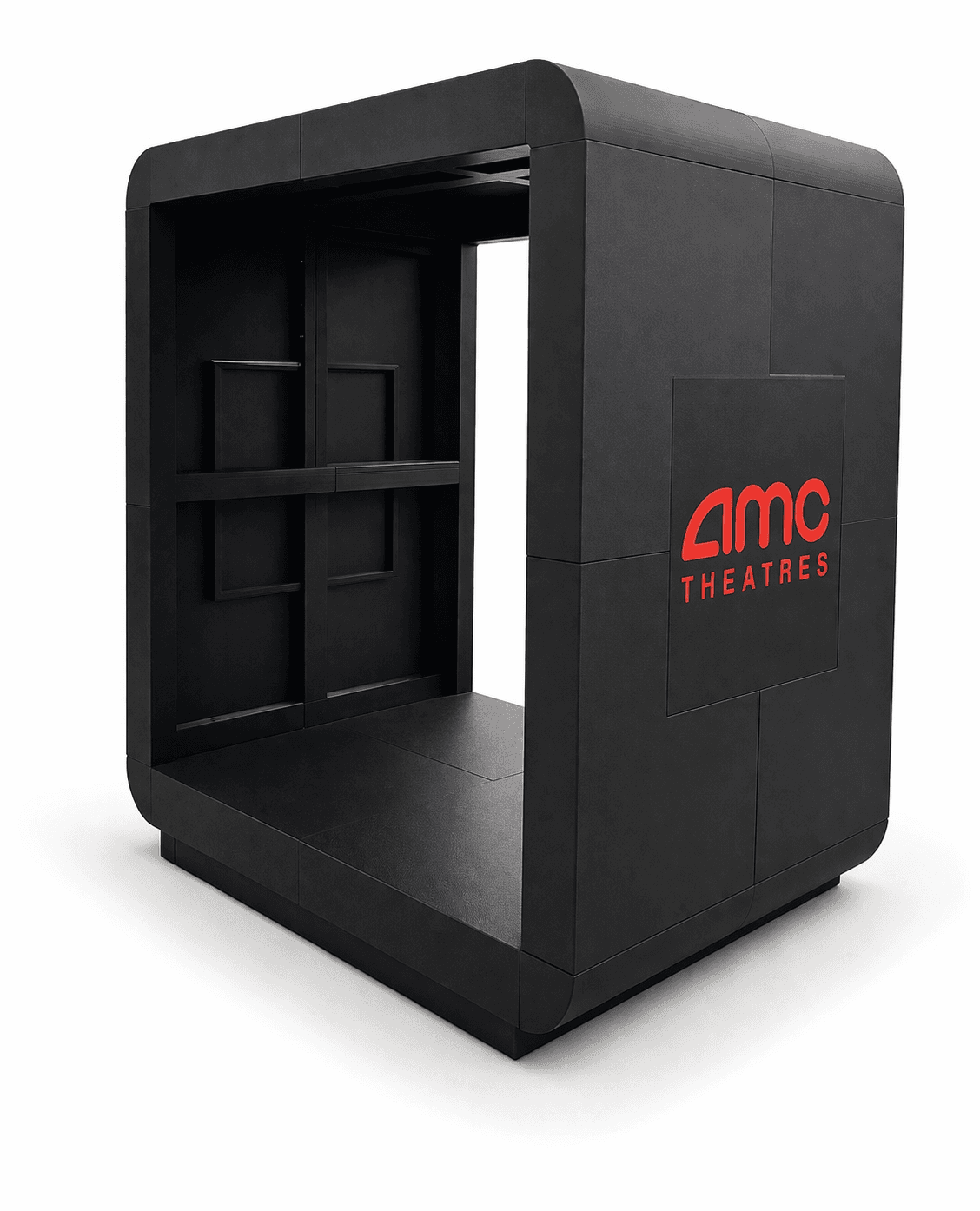 Matte black AMC Theatres branded display kiosk, 3D printed and finish-painted as a trade show presentation model