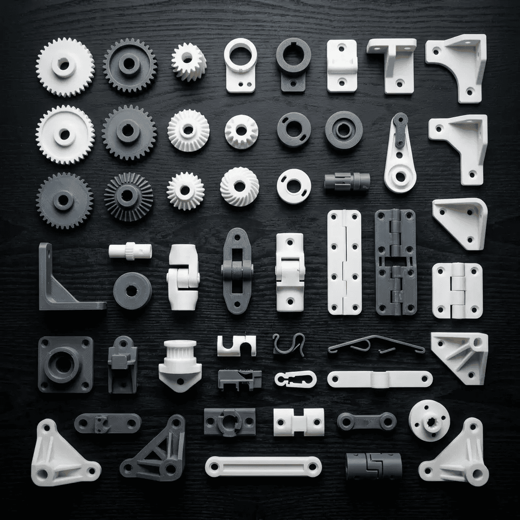 Flat-lay assortment of 3D printed production parts including gears brackets and housings