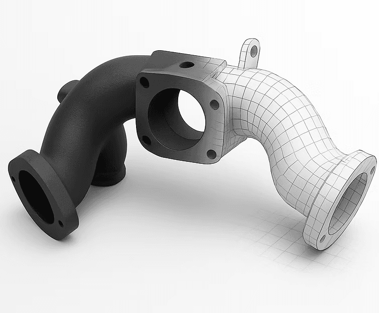 A CAD model shown beside the finished printed part it produced, illustrating a design-for-manufacture review at TAKT 3D